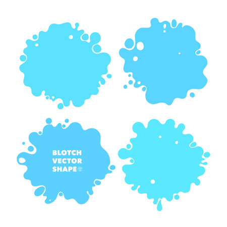 Liquid shapes, frames with uneven wavy edge set, composition. Water, fluid, paint, puddle, stain, rounded blot with splashes, drops, blobs, droplets. Design elements, backgrounds.のイラスト素材