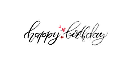 Hand written crayon words happy birthday with hearts. Minimalistic calligraphy card template. Common words modern greeting lettering vector image. Birthday card.のイラスト素材