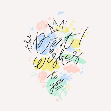 The best wishes to you lettering greeting card. Typographic design with script lettering, crown and textured shapes. Square shape birthday card template.のイラスト素材