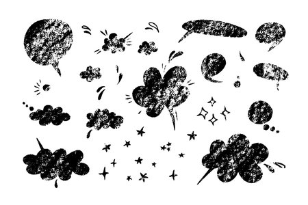 Cute hand drawn speech bubble vector set. Textured vector shapes of call out clouds with drops and stars. One color graphic element collection.のイラスト素材