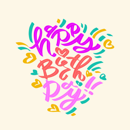 The happiest birthday to you card. Hand drawn vector lettering. Greeting square shape bright template.のイラスト素材
