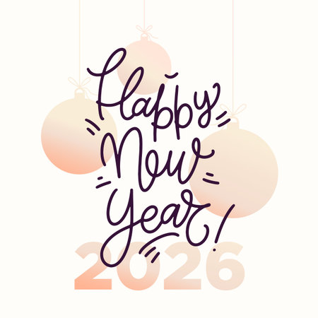 Happy New Year 2026 greeting card, poster, holiday square shape background. Muted colors Christmas decoration with cartoon style lettering phrase.のイラスト素材