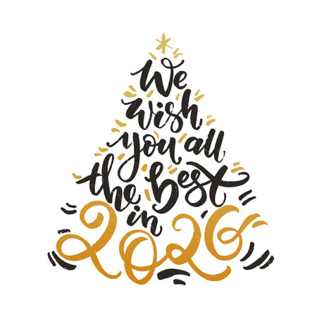 Christmas Greeting Card. We wish you all the best in 2026 lettering in a shape of Christmas tree. Classic lettering holiday season template.のイラスト素材