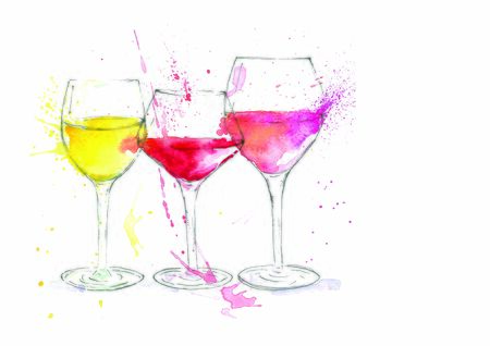 watercolor illustration of white, rose, red wine in a glass on a white backgroundの写真素材
