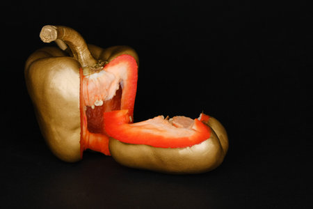 Gold Red bell pepper with a cut wedge on a black background, art deco style.