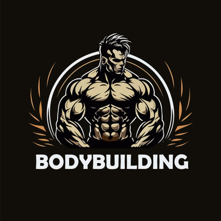 Fitness gym badge or emblem vector illustration. Man bodybuilder silhouette. Retro logo design.のイラスト素材