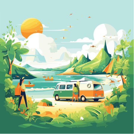 Summer party, vacation and travel concept. Vector illustration in minimalistic style.のイラスト素材