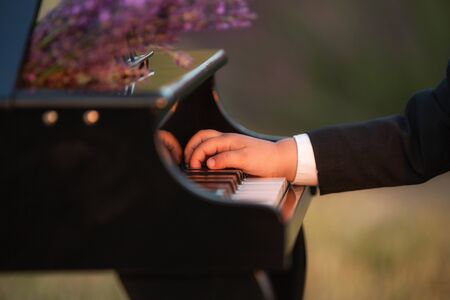 the child's hand on the piano. The keyboard is in the middle of a lavender fieldの写真素材