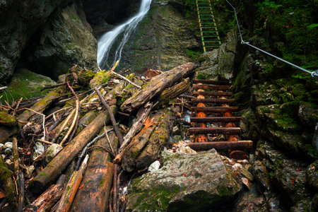 Difficul trail with ladder near the waterfall in canyon of National park Slovak paradise, Slovakia.の写真素材
