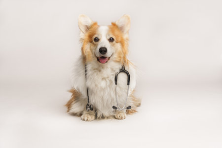 A cute pembroke Welsh Corgi dog sits with a stethoscope around his neck. Studioの写真素材