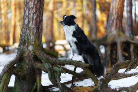 A Border Collie dog poses and shows various tricks in a somewhat wintery setting. Little snow.の写真素材