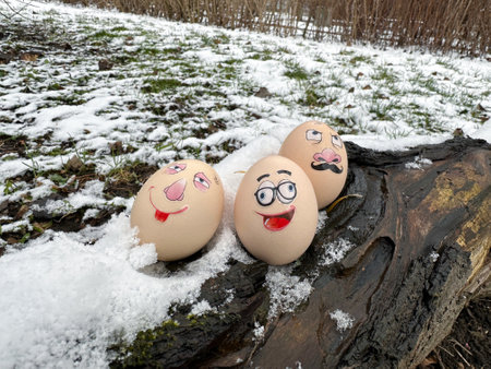 Funny eggs. Faces on eggs. Eggs in a winter sceneryの写真素材
