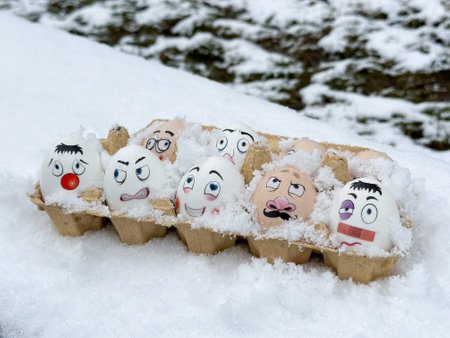 Funny eggs. Faces on eggs. Eggs in a winter sceneryの写真素材