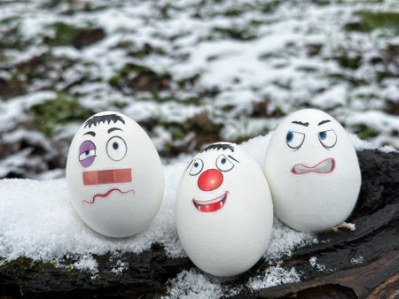 Funny eggs. Faces on eggs. Eggs in a winter sceneryの写真素材