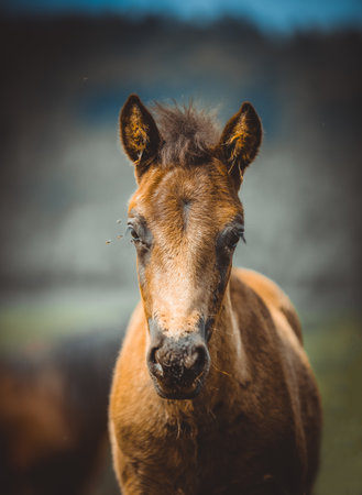 Horses on a pasture. Bieszczady mountains, Poland. The Hucul or Carpathian is a pony/small horse breed originally from the Carpathian Mountains.の写真素材