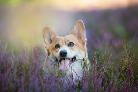 Pembroke Welsh Corgi dog sitting in a blooming heather meadow. Happy dogの写真素材