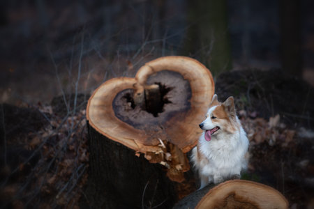 Pembroke Welsh Corgi dog stands on the trunk of a felled tree with a heart motif in the background. In the forestの写真素材