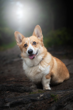 A happy Welsh Corgi Pembroke dog sits in the woods during the gloomy fall weather. A dog in the mountainsの写真素材