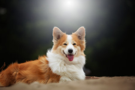 A Welsh Corgi Pembroke dog sits and looks straight ahead. Summerの写真素材