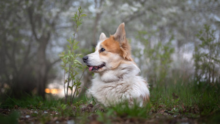 Welsh Corgi Pembroke posing against the background of a blooming wild apple tree. Springの写真素材