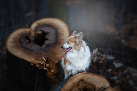 Pembroke Welsh Corgi dog stands on the trunk of a felled tree with a heart motif in the background. In the forestの写真素材