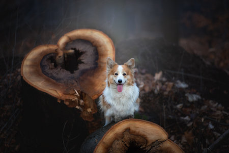 Pembroke Welsh Corgi dog stands on the trunk of a felled tree with a heart motif in the background. In the forestの写真素材