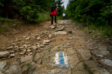 Marking of the tourist trail in blue painted on the rock. Marking will lead us to our destination without wandering along the way. In the background wandering tourists. Polish mountainsの写真素材