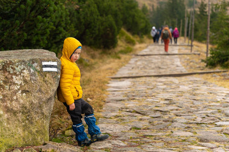 The child rests on the mountain trail, standing leaning against a large boulder. Tourists are marching in the background. polish mountainsの写真素材