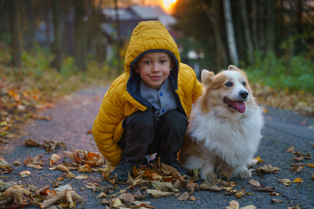 The little kid and his Corgi dog spend time together at sunrise. fall seasonの写真素材