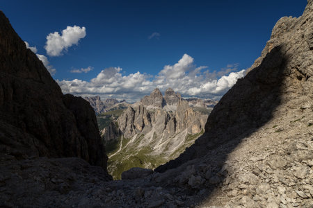 View of Tre Cime di Lavaredo from the Dolomite Trail. Dolomites, Italyの写真素材