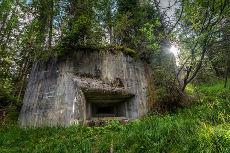 Abandoned, destoyed concrete bunker with embrasure in summer forest.Entrance to the bunker. Dolomites, Italyの写真素材