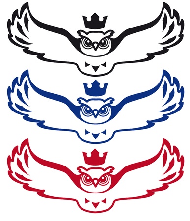 Flying owl with a crown on his head  The image can be be used as a symbol of the rule of science,  knowledg, and as well as the logo for scholarly publishing and bookselling houses, libraries, schools and universities のイラスト素材