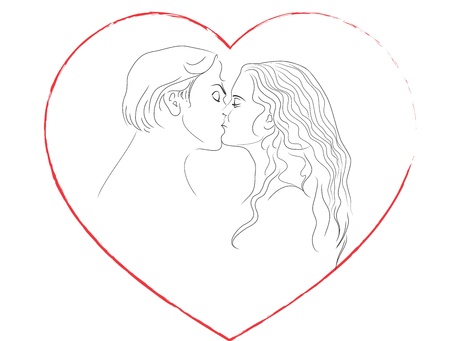 Kiss of man and woman. Frame in the form of the heart. Contour.のイラスト素材
