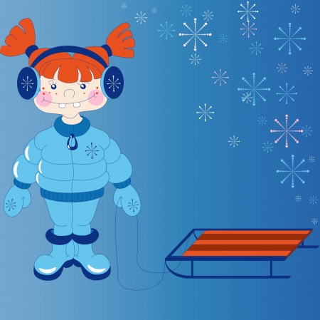 The little red haired girl in winter clothes with a sledge  The image can be used as a basis for greeting cards  のイラスト素材