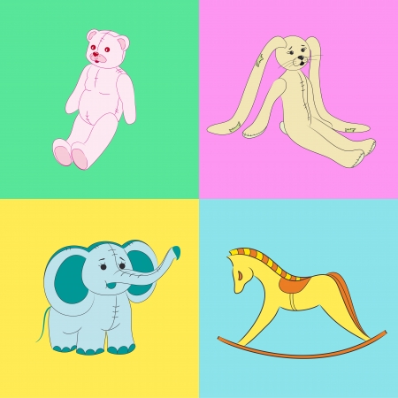Wallpapers depicting the retro toys  old antique rocking horse, pink teddy bear, old yellow rabbit, blue elephantのイラスト素材