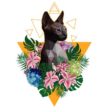 Polygon cat sphinx on a background of tropical flowers and leaves. T-shirt print design, vector illustrationのイラスト素材