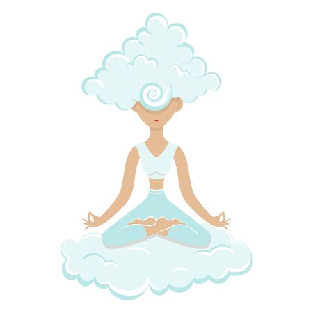 Perfect woman meditating sitting on cloud. Her head in a cloud of Nirvanaのイラスト素材