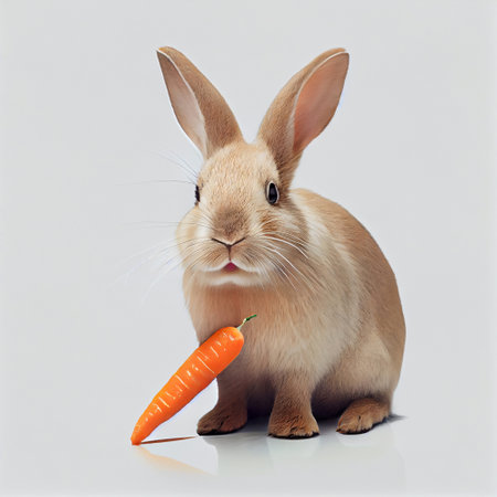 Rabbit holding carrot isolated on a white background. Studio shot.の素材