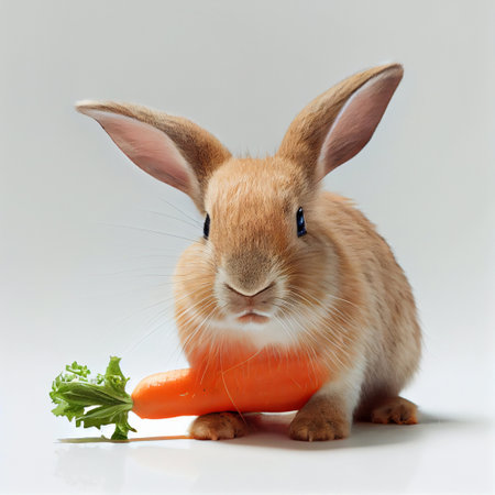 Rabbit holding carrot isolated on a white background. Studio shot.の素材