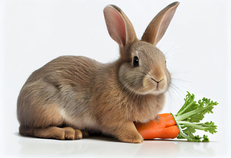 Rabbit holding carrot isolated on a white background. Studio shot.の素材