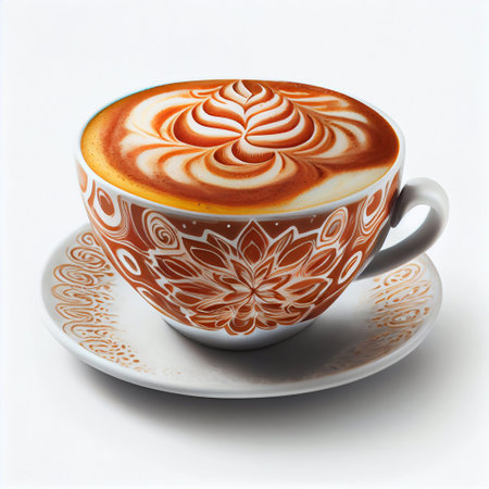 Cup of cappuccino with latte art on white backgroundの素材
