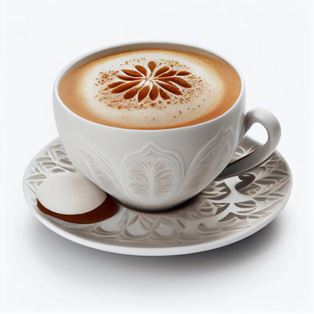 Cup of cappuccino with latte art on white backgroundの素材