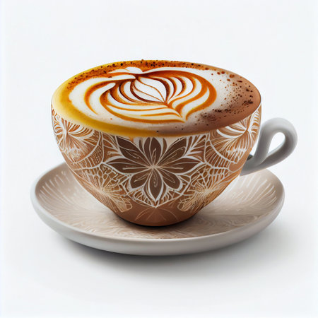 Cup of cappuccino with latte art on white backgroundの素材