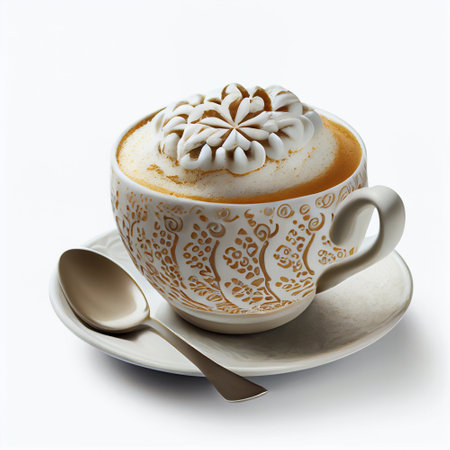 Cup of cappuccino with flower pattern on white backgroundの素材