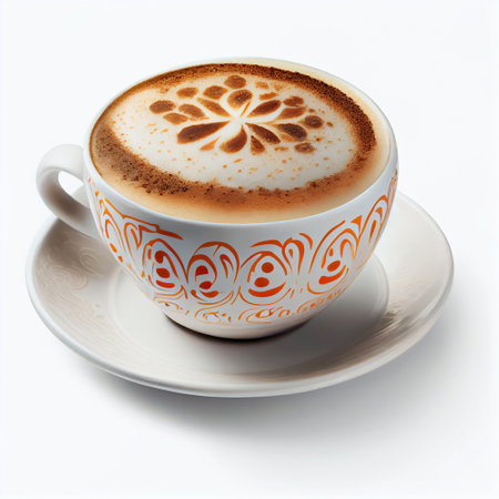 Cup of cappuccino with latte art on white backgroundの素材