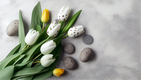 tulips bokeh, Easter eggs and tulipsle background with copy space.の素材