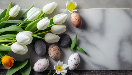 tulips bokeh, Easter eggs and tulipsle background with copy space.の素材