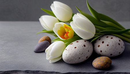 tulips bokeh, Easter eggs and tulips on stone background. Happy Easter cardの素材
