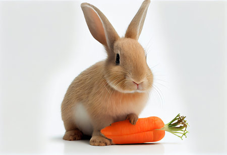 Rabbit and carrot isolated on white background. Easter bunny in studio.の素材