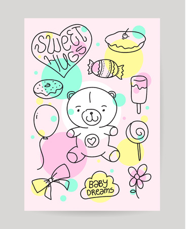 KId's hand drawn greeting card. Cheerful nice design. Doodle teddy bear, sweet food, gift, baloon. Useful for happy birthday greeting cards, posters and print.のイラスト素材